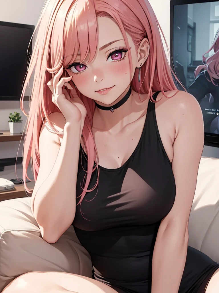 (best quality,8k,16,highres,masterpiece:1.2),ultra-detailed,(realistic:1.37) UHD, exited attractive mature woman, pink hair, beautiful detailed eyes, detailed face and expressions, rendered eye ,perfect anatomy, beautiful detailed lips, wearing tight black tanktop, smirking, lusty, horny blushing, lying on couch, on back, leaning forward, simple lying, looking at viewer, happy, smirking, lusty, horny blush, not too close to viewer, relaxing atmosphere,neutral color scheme ,cozy environment,soft natural lighting, exited expressionenthusiastic gaming session,console gaming, Detalied TV in background, gaming room room, simple background, night time, shot straight
