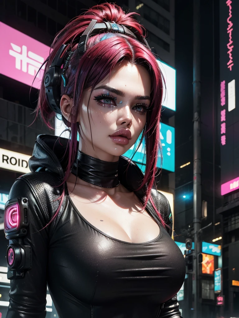 ((Best quality)), ((masterpiece)), (highly detailed:1.3), 3D, beautiful (cyberpunk:1.3) hacker woman with colored hair, black clothes looking at camera