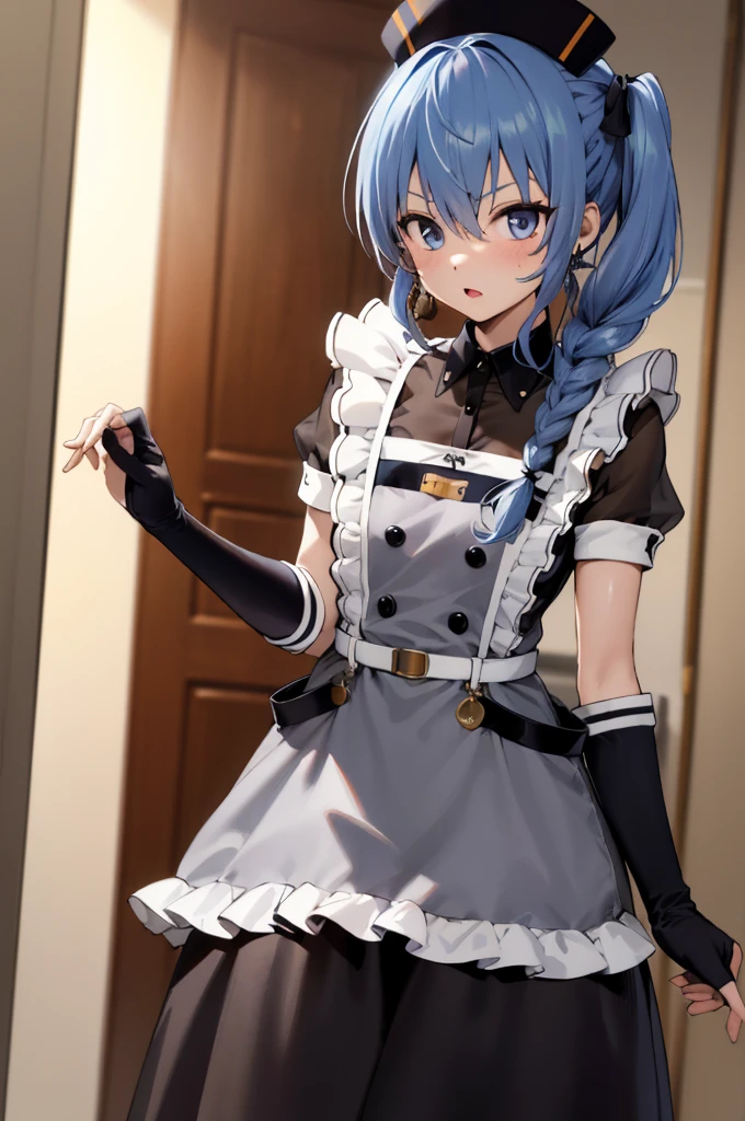 1girl, solo, detailed face, , , SuiseiMaid, long hair, single braid, black nurse cap, double-breasted grey apron, chest belt, elbow gloves, crinoline, black pantyhose,,,indoor,standing,looking viewer,side ponytail,small breasts