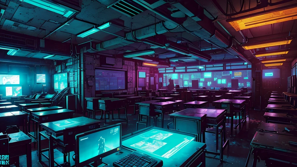 comic book style, no human, classroom cyberpunk style, abandoned classroom, high-tech computers, neon lights, glowing consoles, holographic displays, futuristic technology, detailed machinery, atmospheric lighting, gritty textures, moody colors, cinematic composition, intricate details, masterpiece, 8k, photorealistic