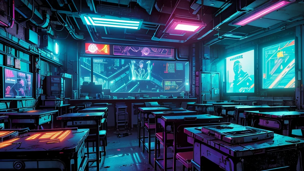 comic book style, no human, classroom cyberpunk style, abandoned classroom, high-tech computers, neon lights, glowing consoles, holographic displays, futuristic technology, detailed machinery, atmospheric lighting, gritty textures, moody colors, cinematic composition, intricate details, masterpiece, 8k, photorealistic