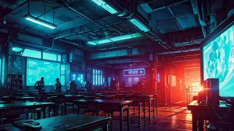 comic book style, no human, classroom cyberpunk style, abandoned classroom, high-tech computers, neon lights, glowing consoles, ...