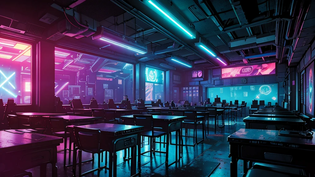 comic book style, no human, classroom cyberpunk style, abandoned classroom, high-tech computers, neon lights, glowing consoles, holographic displays, futuristic technology, detailed machinery, atmospheric lighting, gritty textures, moody colors, cinematic composition, intricate details, masterpiece, 8k, photorealistic