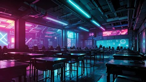 comic book style, no human, classroom cyberpunk style, abandoned classroom, high-tech computers, neon lights, glowing consoles, ...