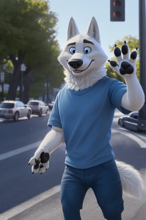 Gary \(Zootopia\), (white body:1.3), white fur, Blue eyes, Zootopia, dressed, t-shirt,jeans, , canine, wolf, detailed fur, male,...