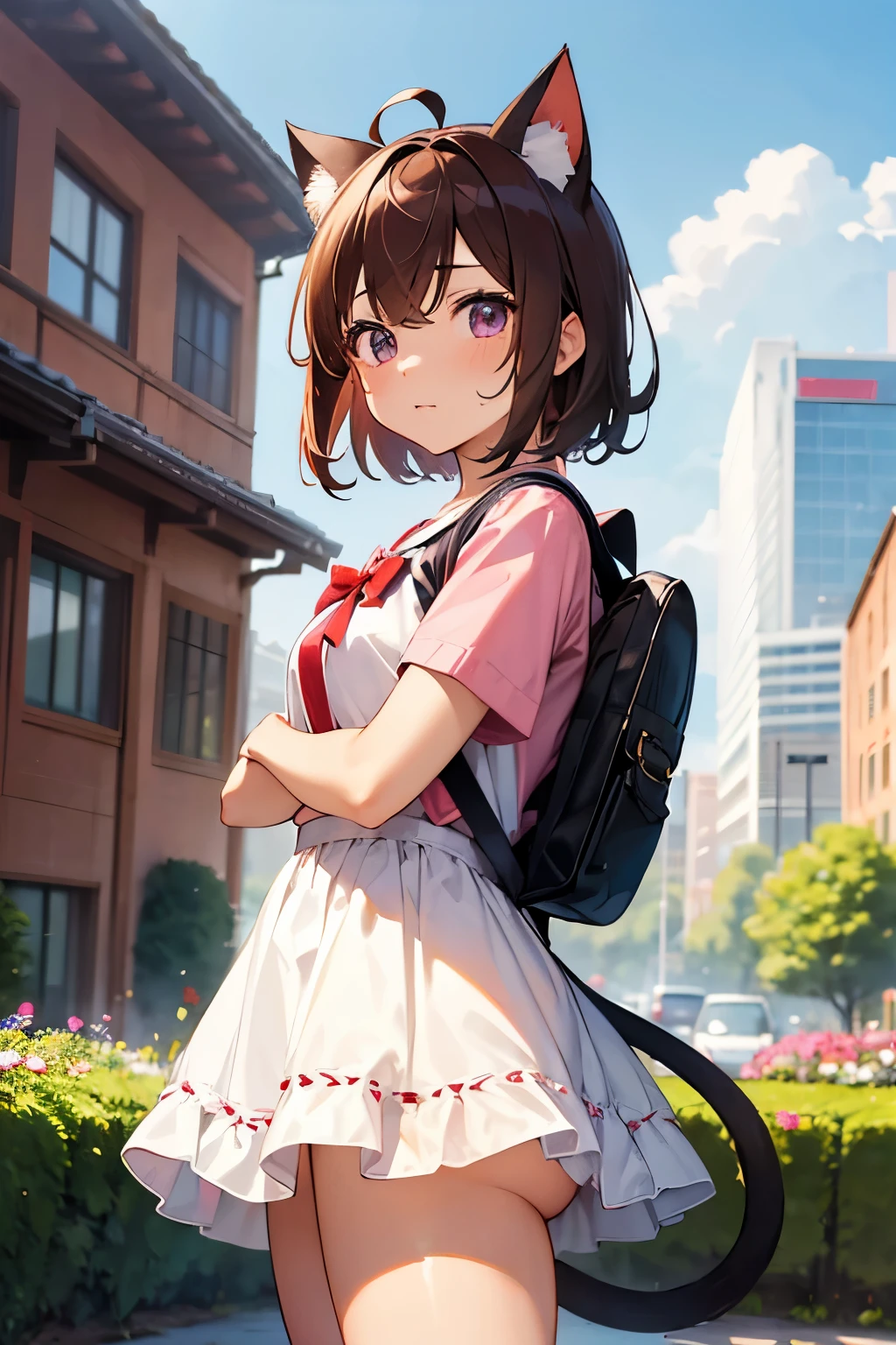 masterpiece, Highest quality, High resolution, A girl with a young body, alone, Brown Hair, Medium Short Hair, Purple eyes, (Mr.々Expression、Red face)、Mole under the eye, Cowboy Shot, Cute Underwear, Battera, shame, city, Outdoor, garden, With a backpack on, Ahoge、Character Bag、Cat Cosplay、Cat ear、Cat tail、A tail peeking out from under a skirt、Cat meat ball handbag、(randoseru backpack:1.3)