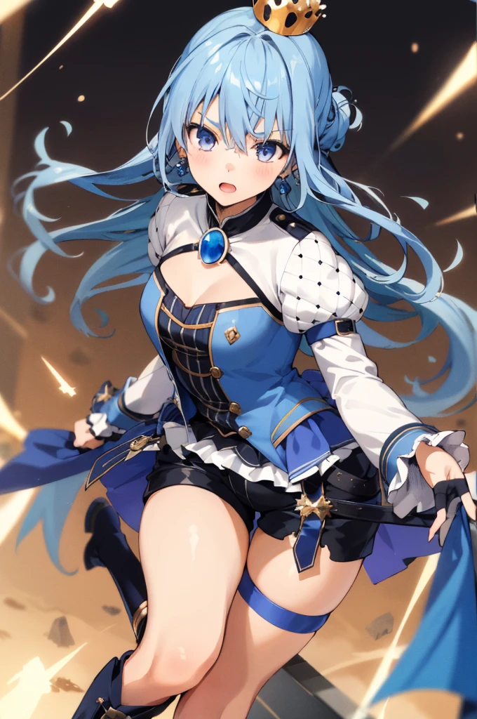 1girl, solo, detailed face,SuiseiStellar, long hair, half updo, tilted crown, white shrug \(clothing\), juliet sleeves, blue brooch, blue pinstripe shirt, blue vest, half gloves, blue shorts, half-skirt, o-ring thigh strap, single thigh boot