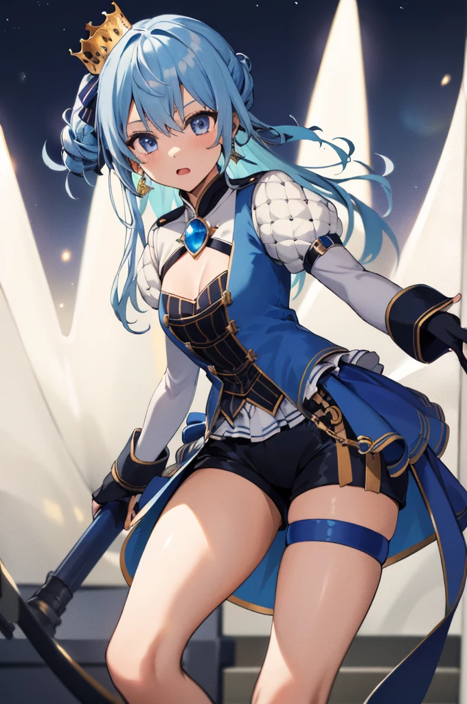 1girl, solo, detailed face,SuiseiStellar, long hair, half updo, tilted crown, white shrug \(clothing\), juliet sleeves, blue brooch, blue pinstripe shirt, blue vest, half gloves, blue shorts, half-skirt, o-ring thigh strap, single thigh boot