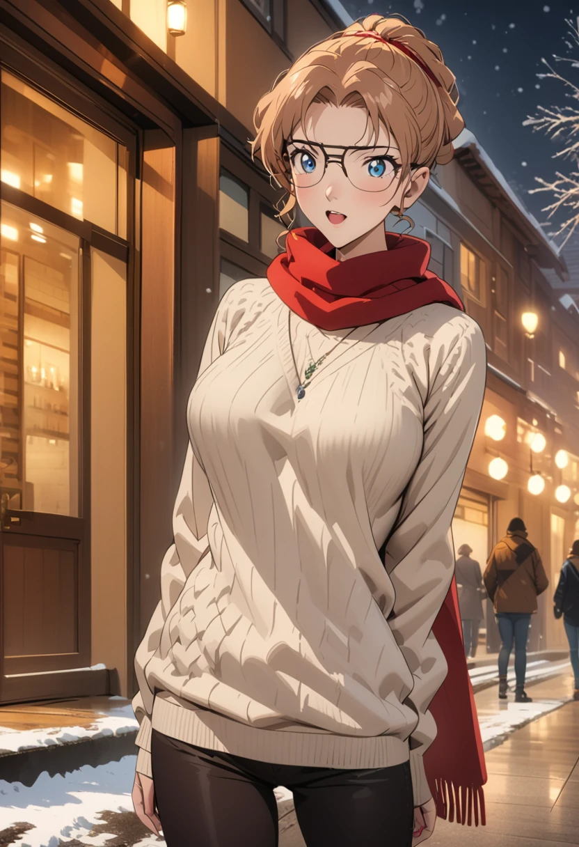 （best quality，4K，8K，high resolution，masterpiece：1.4），Ultra Detailed，Detail face：1.3，White sweater，red scarf，wear glasses，Perfect body，Large Breasts，Fashion，winter，Snowflakes falling，Anime style