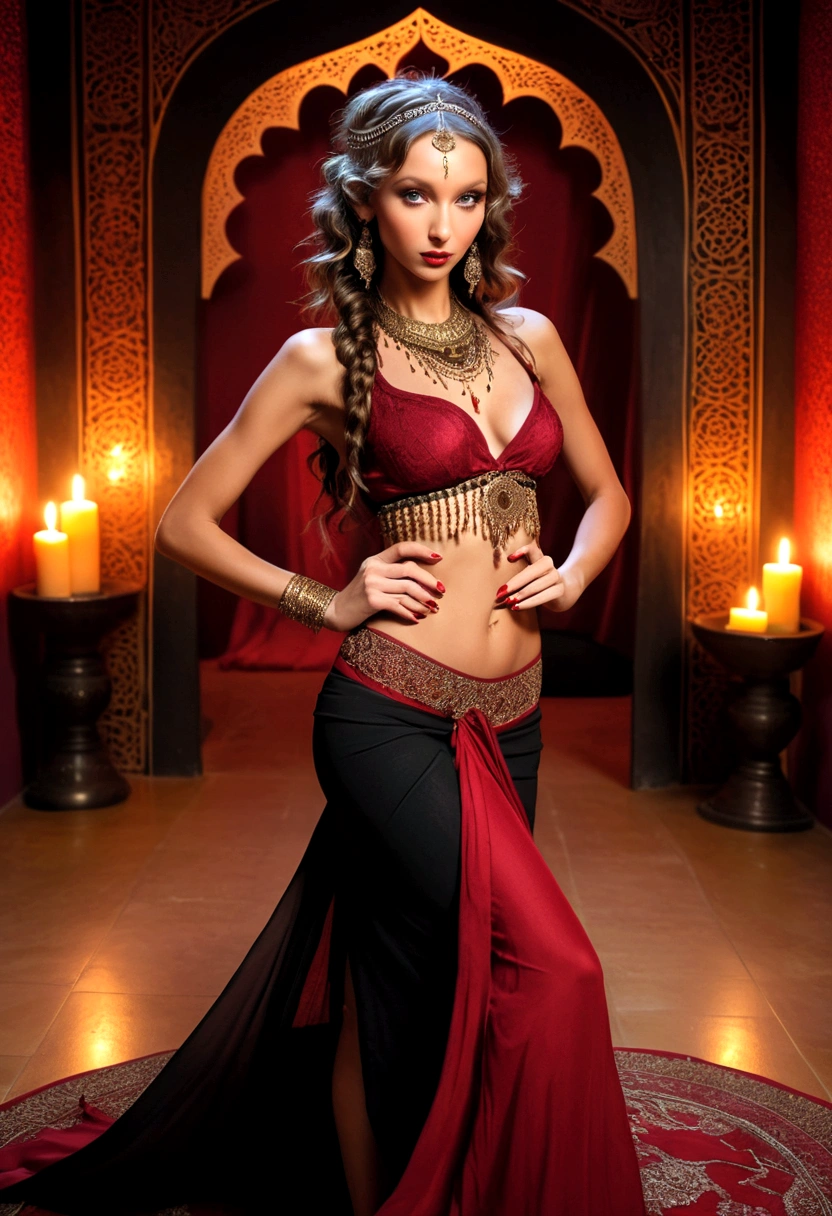 Full body shot Rachel Cook gorgeous belly dancer, ringlets wavy five feet  long b - SeaArt AI