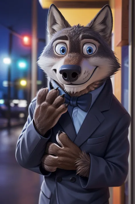 Larry (Zootopia), wolf, Gray Fur, (brown body:1.3), beautiful blue eyes, Zootopia, dressed,blazer,shirt with bow tie,trousers, s...