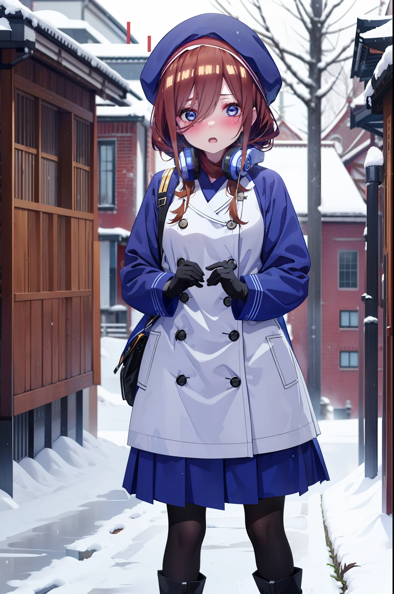 Mikunakano, miku nakano, Long Hair, bangs, blue eyes, Brown Hair, shirt, Hair between the eyes,blush, Open your mouth,White Breath,Scarf,Headphones around neck,Knitted hat,Blue long coat,V-neck sweater,Long skirt,Black pantyhose,short boots,Fluffy gloves,Standing leaning against a wall,Snow is piled up,It&#39;s snowing,whole bodyがイラスト入るように,Hidden in a building with a roof,
break outdoors, Building district,
break looking at viewer, whole body,
break (masterpiece:1.2), Highest quality, High resolution, unity 8k wallpaper, (figure:0.8), (Beautiful attention to detail:1.6), Highly detailed face, Perfect lighting, Highly detailed CG, (Perfect hands, Perfect Anatomy),