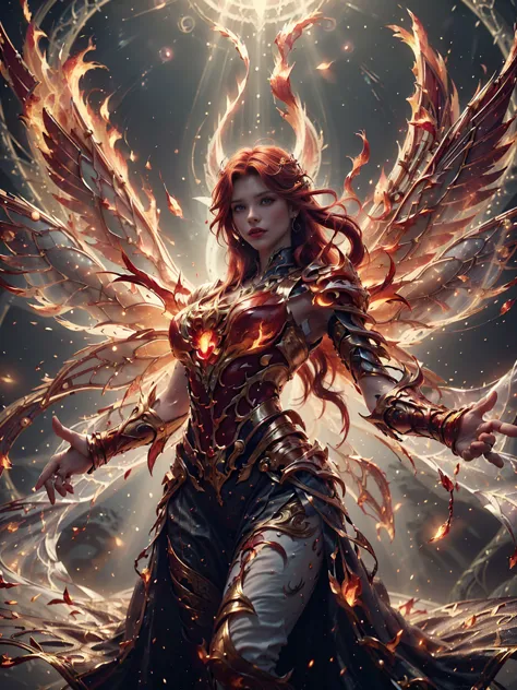 Frontal, close up, floating in the air, ((1 woman, she is a fire fairy, alone, luminescent red hair, medium and shiny hair, thic...