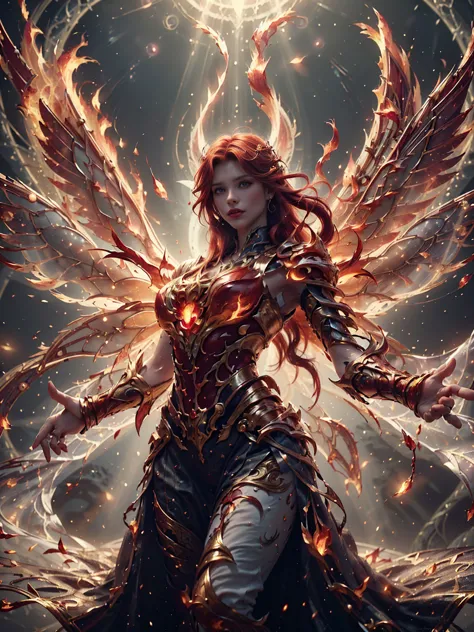 frontal, close up, floating in the air, ((1 woman, she is a fire fairy, alone, luminescent red hair, medium and shiny hair, thic...