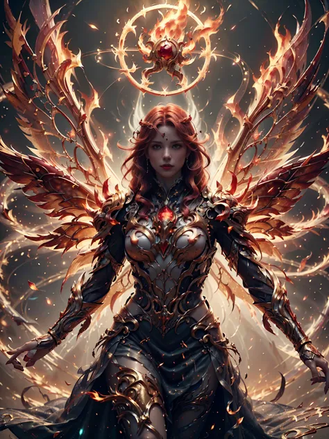 Frontal, close up, floating in the air, ((1 woman, she is a fire fairy, alone, luminescent red hair, medium and shiny hair, thic...