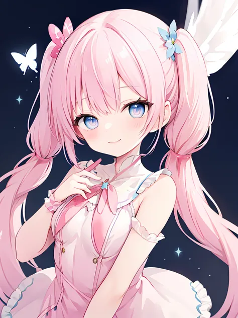 Pink Hair、Twin tails、Angel、Light blue eyes、ephemeral、dream、cute、smile、solo、Cute Star Background、White flower、Butterfly flies、