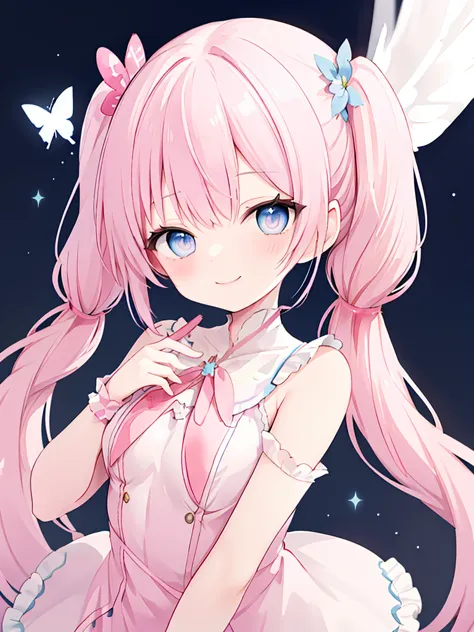 pink hair、twin tails、angel、light blue eyes、ephemeral、dream、cute、smile、solo、cute star background、white flower、butterfly flies、