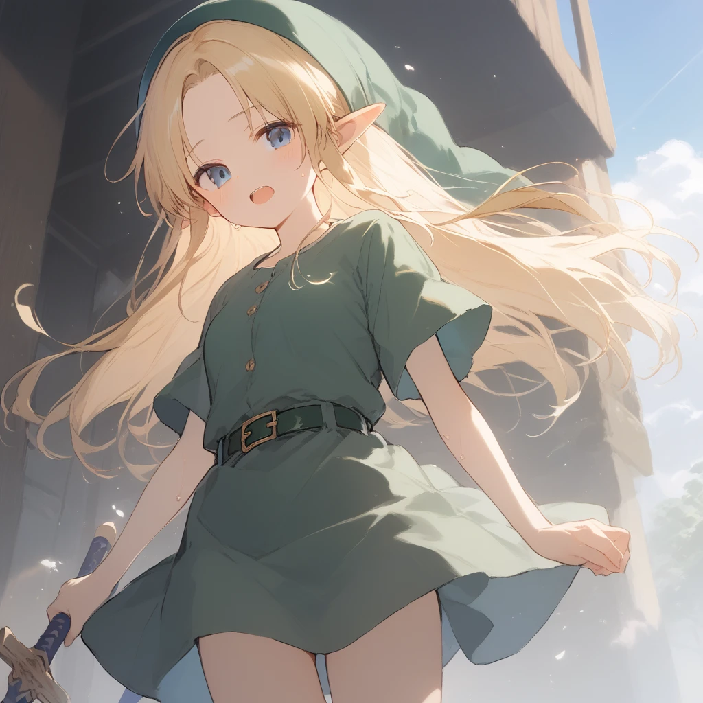 score_9, score_8_up, score_7_up, source_anime, best quality, masterpiece, official art, absurdres, highres, ultra-detailed,waifu2x,Collection: Slice of Life,break,1girl, YoungLink,13-year-old, small breasts, blonde hair, green tunic, pointy ears, hat, solo, blue eyes,green_headwear belt, sword, sweat, open mouth, sleepily, meadow, outdoors, wind,break,(clear line illustration:1.2), super detailed skin,very high resolution, very aesthetic, Best sexual lighting powered by famous artist, 8k,cute picture,beauty illustration,photoshop_(medium),,(Detailed Lighting),best anime 8k konachan wallpaper, pixiv contest winner, 