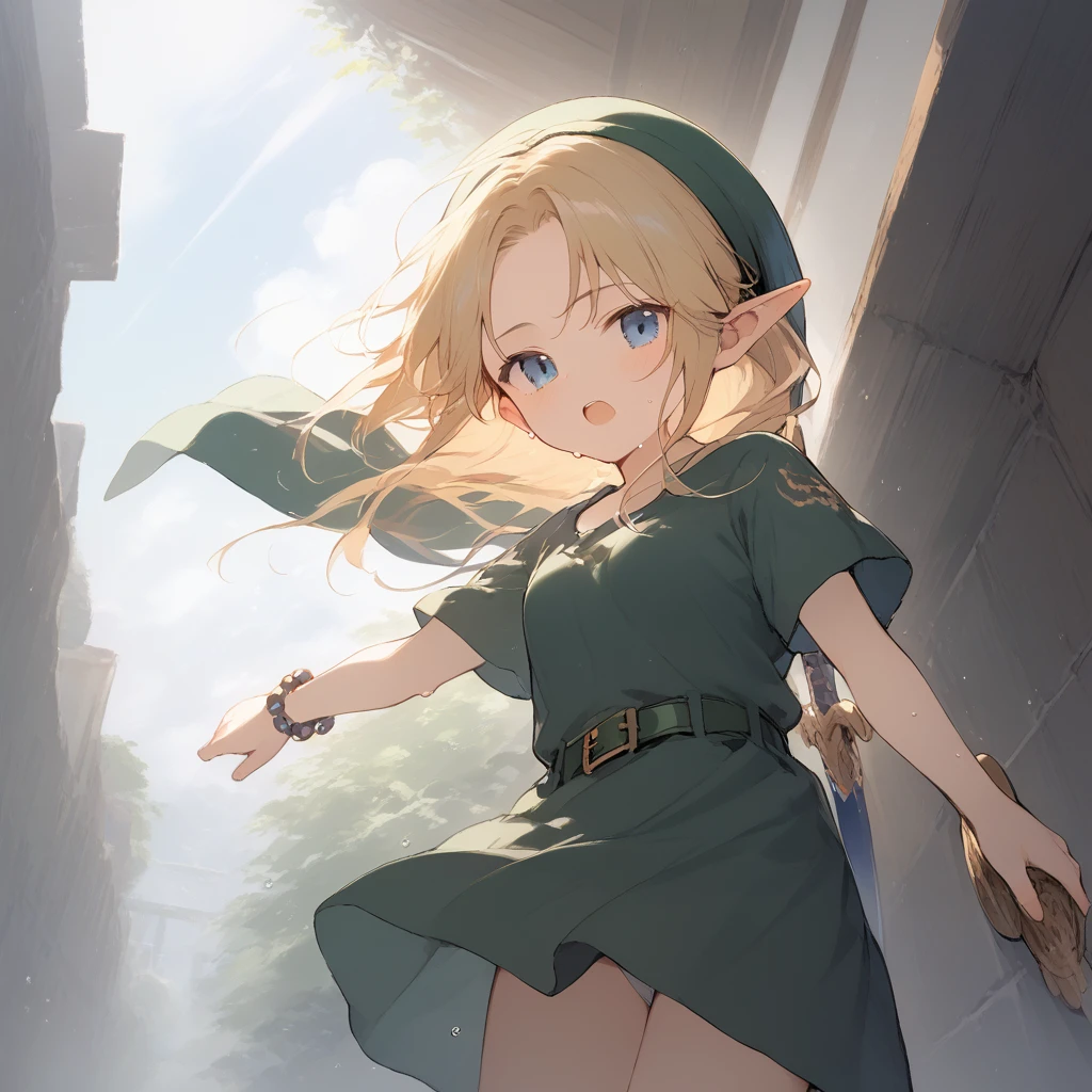 score_9, score_8_up, score_7_up, source_anime, best quality, masterpiece, official art, absurdres, highres, ultra-detailed,waifu2x,Collection: Slice of Life,break,1girl, YoungLink,13-year-old, small breasts, blonde hair, green tunic, pointy ears, hat, solo, blue eyes,green_headwear belt, sword, sweat, open mouth, sleepily, meadow, outdoors, wind,break,(clear line illustration:1.2), super detailed skin,very high resolution, very aesthetic, Best sexual lighting powered by famous artist, 8k,cute picture,beauty illustration,photoshop_(medium),,(Detailed Lighting),best anime 8k konachan wallpaper, pixiv contest winner, 