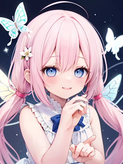 Pink Hair、Twin tails、Angel、Light blue eyes、ephemeral、dream、cute、smile、solo、Cute Star Background、White flower、Butterfly flies、