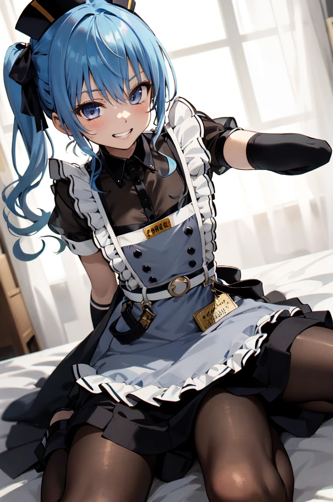 1girl, solo, detailed face, , , SuiseiMaid, long hair, single braid, black nurse cap, double-breasted grey apron, chest belt, elbow gloves, crinoline, (((black pantyhose))),,,,looking viewer,side ponytail,small breasts,on bed,open legs,spread legs,,grin,high heel