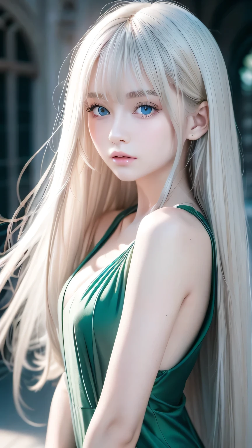 Mastepiece, Best Quality, Photorealistic, Super detailed, Fine details, High resolution, 8k wallpaper, RAW color photos, Professional, High level of detail, Beautiful girl with beautiful platinum blonde super long straight long silky hair. Long bangs between the eyes,、Sharp Focus, Award-winning photography, (Emerald green dress), (Cleavage), (Facing forward), (View your viewers), Small light, Low Contrast, Facial symmetry, Depth of written boundary, Movie Background, Center image, Softly lit, (Fine skin), Pale skin, Gloss Face、Cheek gloss、Realistic skin textures, Extreme Skin Detail、Bright pale marine blue eyes、