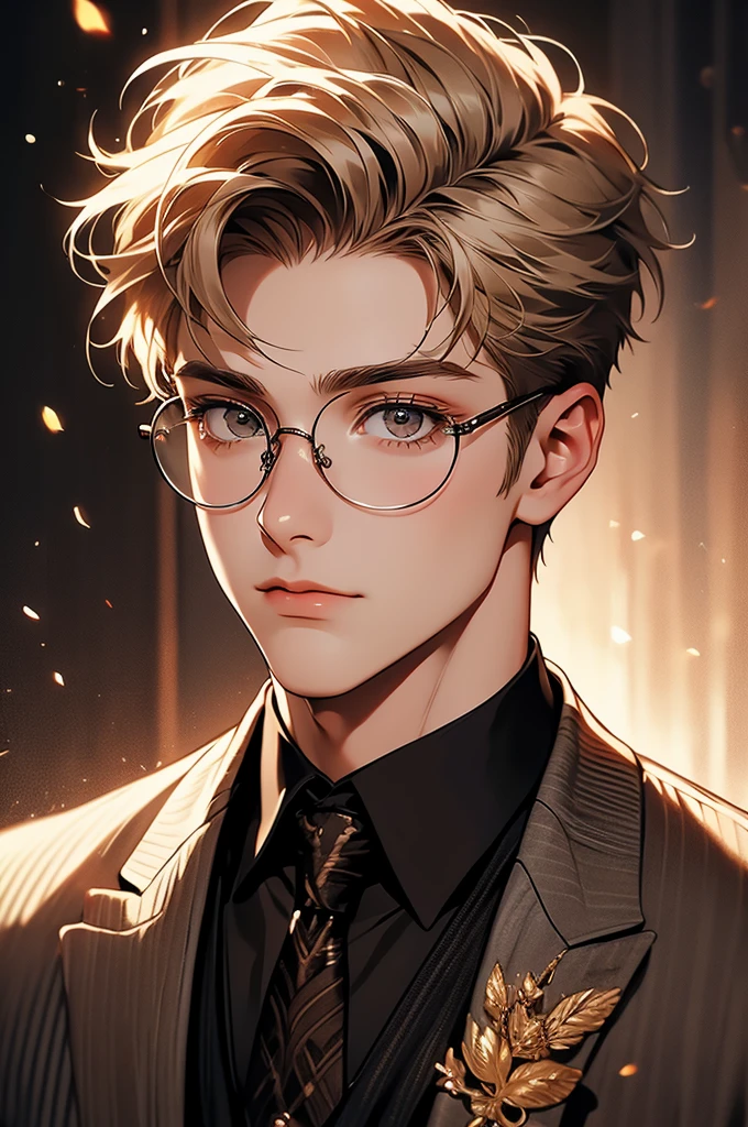 [32k, 8k, very detailed image, masterpiece], young man, naturally handsome, 23 years old, medium blond hair, light brown eyes, gentle expression, large round glasses, [looking fixedly at the viewer], shaved beard, noble formal wear