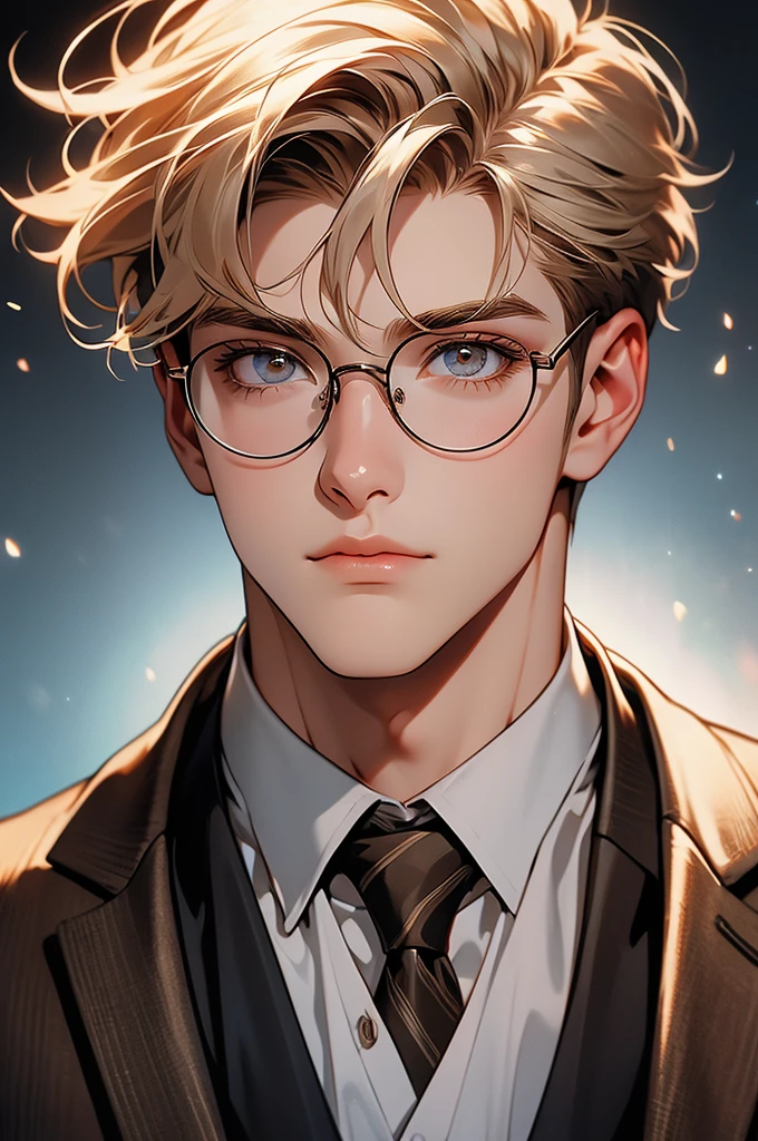 [32k, 8k, very detailed image, masterpiece], young man, naturally handsome, 23 years old, medium blond hair, light brown eyes, gentle expression, large round glasses, [looking fixedly at the viewer], shaved beard, noble formal wear