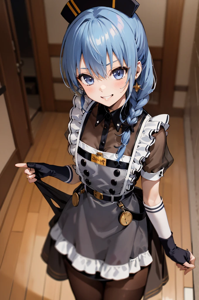 1girl, solo, detailed face, , , SuiseiMaid, long hair, single braid, black nurse cap, double-breasted grey apron, chest belt, elbow gloves, crinoline, (((black pantyhose))),,,,looking viewer,side ponytail,small breasts,,grin,high heel