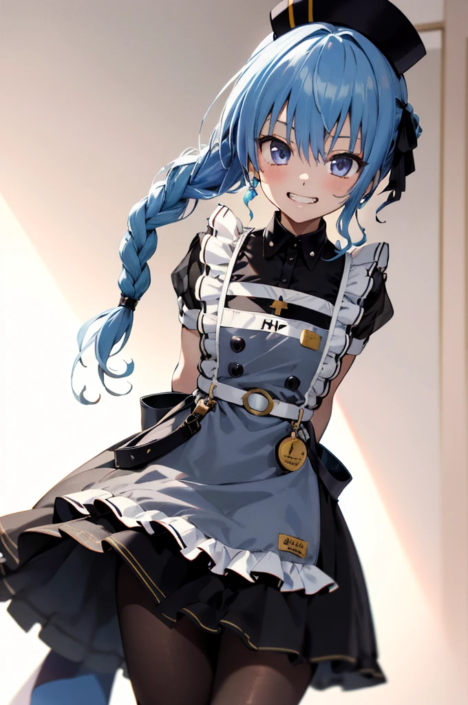 1girl, solo, detailed face, , , SuiseiMaid, long hair, single braid, black nurse cap, double-breasted grey apron, chest belt, elbow gloves, crinoline, (((black pantyhose))),,,,looking viewer,side ponytail,small breasts,,grin,high heel,armpit,arms behind back