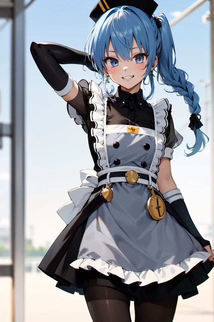 1girl, solo, detailed face, , , SuiseiMaid, long hair, single braid, black nurse cap, double-breasted grey apron, chest belt, elbow gloves, crinoline, (((black pantyhose))),,,,looking viewer,side ponytail,small breasts,,grin,high heel,armpit,arms behind back