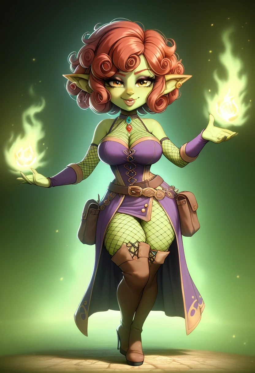 Girl, goblin girl, goblin, green skin, short, short stature, short hair, red hair, curly hair, large breasts, long gloves, thigh boots, pouty lips, masterpiece, best quality, sexy, dynamic pose, 8k, shortstack, sfw, shiny, fantasy, dungeons and dragons, high heels,  fishnets, holding, dark green skin, adventurer, slutty pose, sorcerer, sorceress, pyromancer, fire and ice, magic, fire and ice magic, long detailed slutty colorful dress, thigh pouch, very curly hair, lots of belts, curly hairstyle, lipstick, rosy cheeks, smile, eyeshadow, eye liner, belt on hip, magic, magic dress, very detailed, magic user, puffy lips