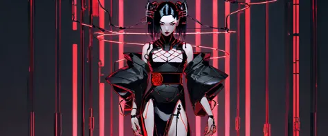 girl with black hair, medium, cyberpunk,  geisha, standing, full body, fair skin, glowing skin, red, neon, wires, tied, 