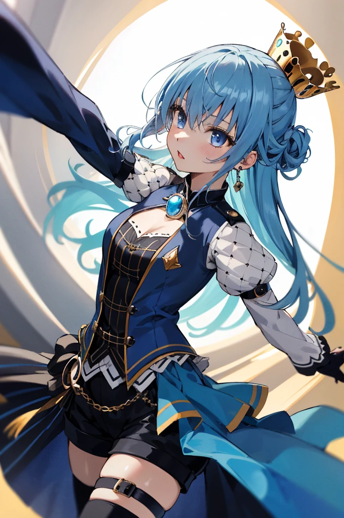 1girl, solo, detailed face,SuiseiStellar, long hair, half updo, tilted crown, white shrug \(clothing\), juliet sleeves, blue brooch, blue pinstripe shirt, blue vest, half gloves, blue shorts, half-skirt, o-ring thigh strap, single thigh boot