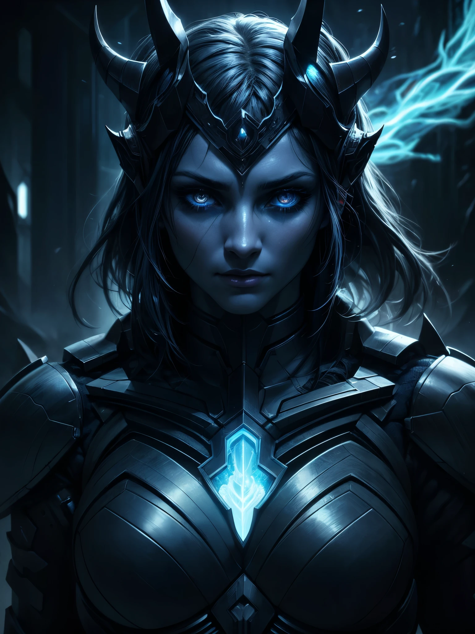 A celestial woman with her head engulfed in blue flames, a pair of macabre horns on her head, a sexy technological combat suit-clad body, vibrant colored glowing eyes, a hellish inspired scenario, (best quality,4k,8k,highres,masterpiece:1.2),ultra-detailed,(realistic,photorealistic,photo-realistic:1.37),detailed eyes,detailed lips,extremely detailed face,long eyelashes,portrait,dark fantasy,sci-fi,digital art,cinematic lighting,dramatic colors,chiaroscuro,moody atmosphere