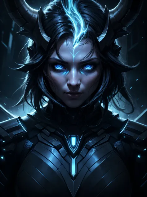 A celestial woman with her head engulfed in blue flames, a pair of macabre horns on her head, a sexy technological combat suit-c...