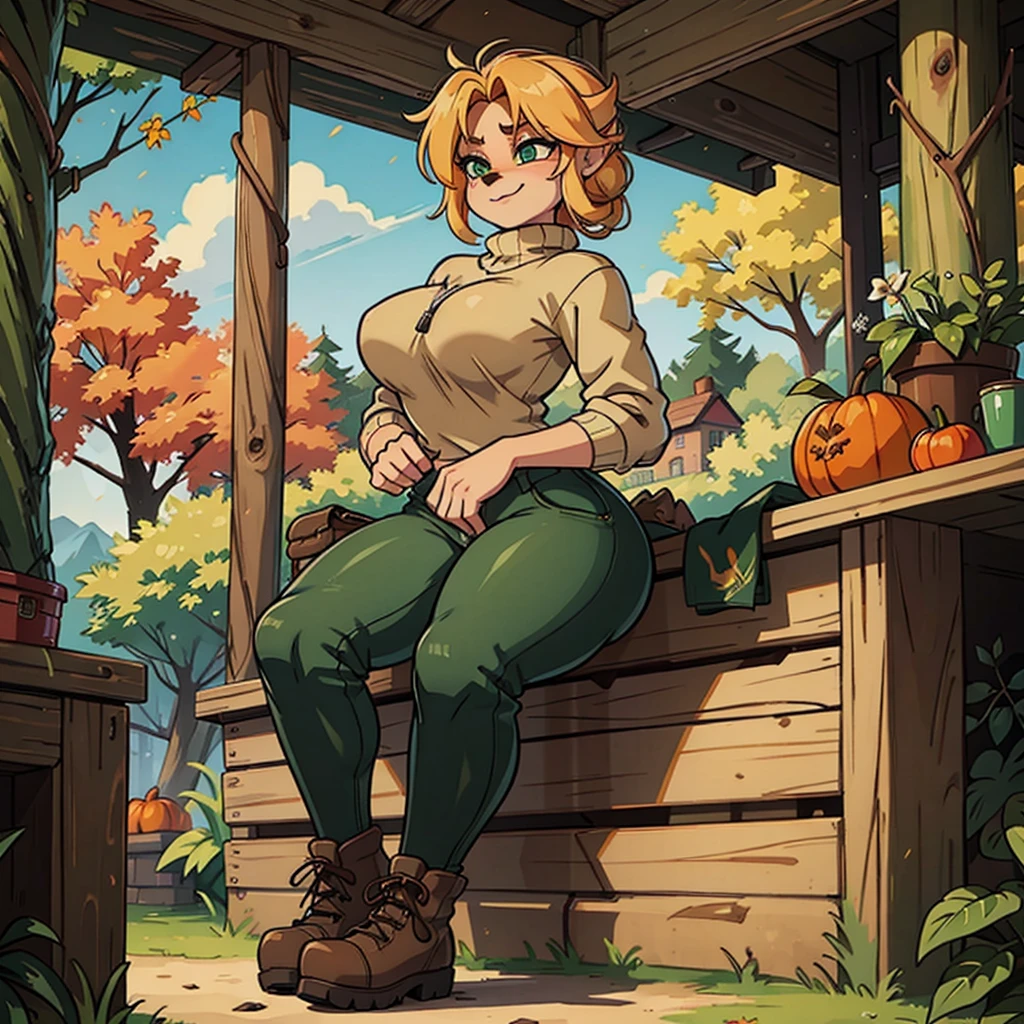  sancy anthro bandicoot girl redhead, braided hair, beautiful green eyes, sexy ,seductive, warm sweater, , camouflage pants, army boots, , Cozy autumn atmosphere, , the forest, autumn , Girl in sweater, ,trousers, army boots, furry anthro bandicoot, seductive facial expression wide grin , hands to pants,Unzipped Pants, dynamic pose, 