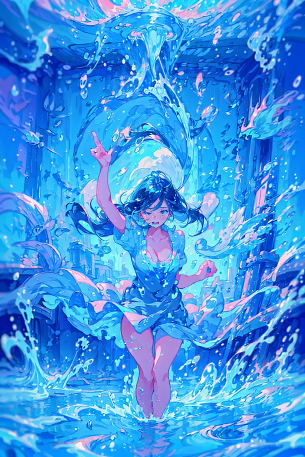 1girl,solo,cute,bigbreast,cleavage,dancing in the water,covered with water particles,water splashing face,flowing water,covered with water,hair ends with water stream,water explosion,water splashes,blue,pink