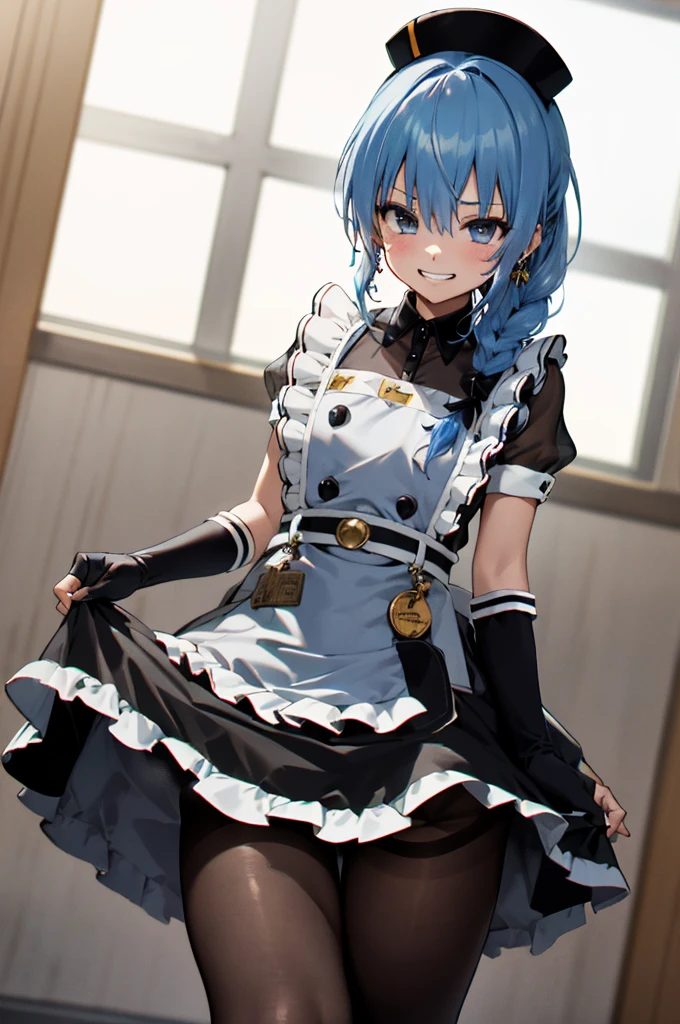 1girl, solo, detailed face, , , SuiseiMaid, long hair, single braid, black nurse cap, double-breasted grey apron, chest belt, elbow gloves, crinoline, (((black pantyhose))),,,,looking viewer,side ponytail,small breasts,,grin,high heel,(((nsfw)))