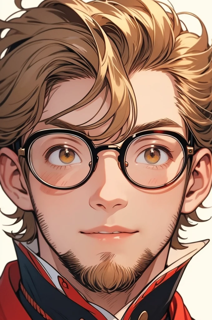 [32k, 8k, very detailed image, masterpiece], young man, naturally handsome, 23 years old, medium-length blond hair, light brown eyes, large round glasses, [looking fixedly at the viewer], shaved beard, adventurous colored clothing olive, guild background, [[naive expression]], laughter 1.5