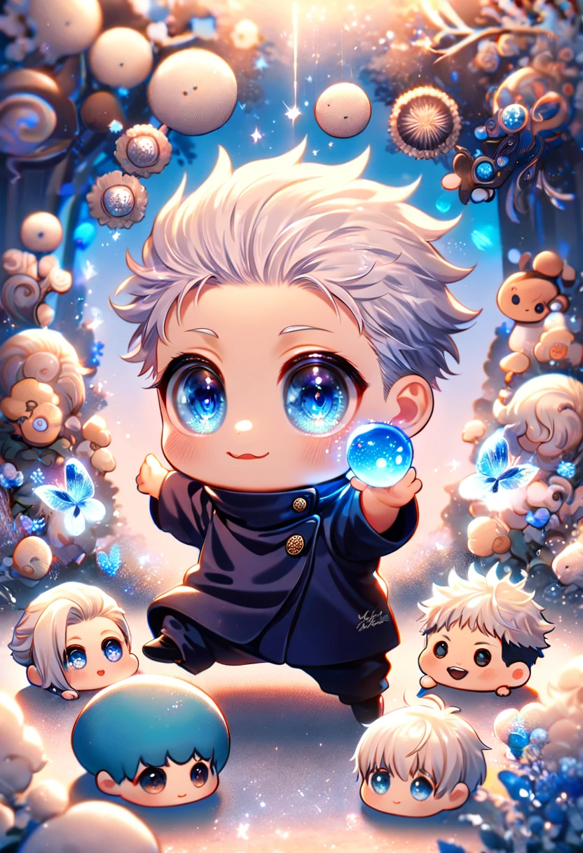 absurdesten, highres, Extrem detailliert, HDR, Meisterwerk, beste Qualität, Extrem detailliert, Gojou Satou chibi, weißes Haar, ausdrucksstarke blaue Augen, weiße Wimpern, Jujutsu Kaisen, Niedlich blue mushroom with face, Niedlich, Klein, Allein, Magieal, Fantasie, Magie, blauer Wald, glänzend, blaue Schmetterlinge, Blaue Blütenblätter, blaue Blumen