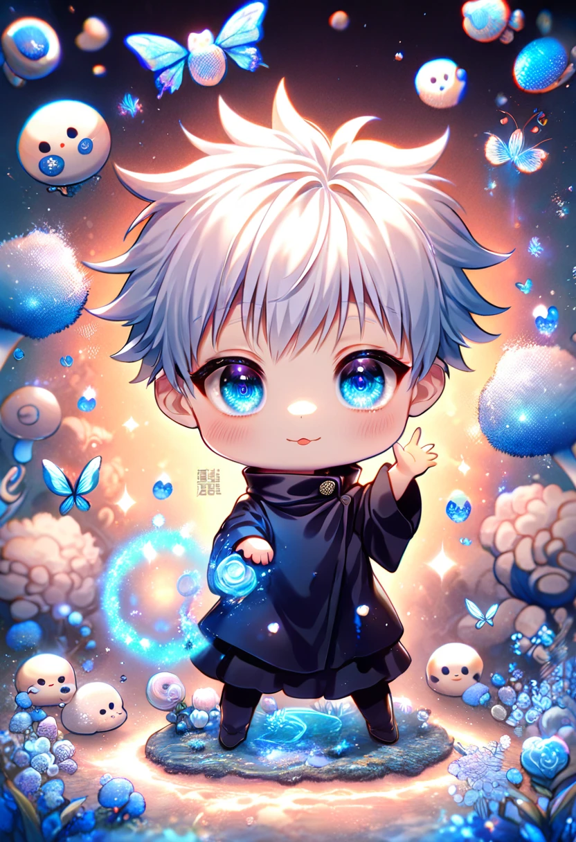 absurdesten, highres, Extrem detailliert, HDR, Meisterwerk, beste Qualität, Extrem detailliert, Gojou Satou chibi, weißes Haar, ausdrucksstarke blaue Augen, weiße Wimpern, Jujutsu Kaisen, Niedlich blue mushroom with face, Niedlich, Klein, Allein, Magieal, Fantasie, Magie, blauer Wald, glänzend, blaue Schmetterlinge, Blaue Blütenblätter, blaue Blumen