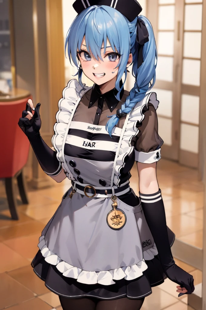 1girl, solo, detailed face, , , SuiseiMaid, long hair, single braid, black nurse cap, double-breasted grey apron, chest belt, elbow gloves, crinoline, (((black pantyhose))),,,,looking viewer,side ponytail,huge breasts,,grin,high heel,