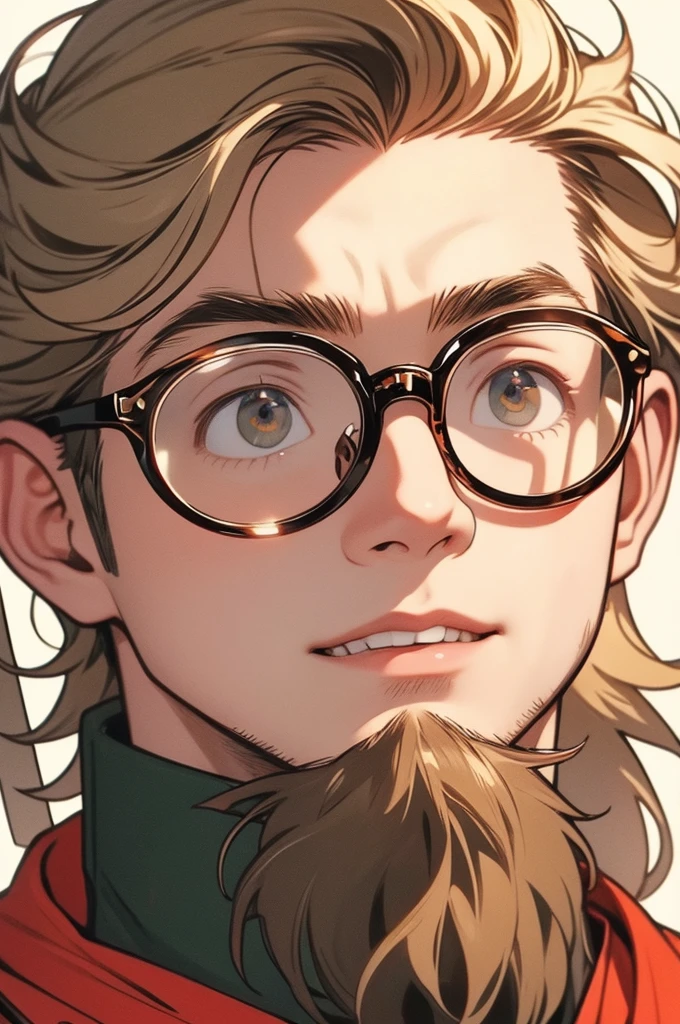 [32k, 8k, very detailed image, masterpiece], young man, naturally handsome, 23 years old, medium-length blond hair, light brown eyes, large round glasses, [looking fixedly at the viewer], shaved beard, adventurous colored clothing olive, guild background, [[naive expression]], laughter 1.5