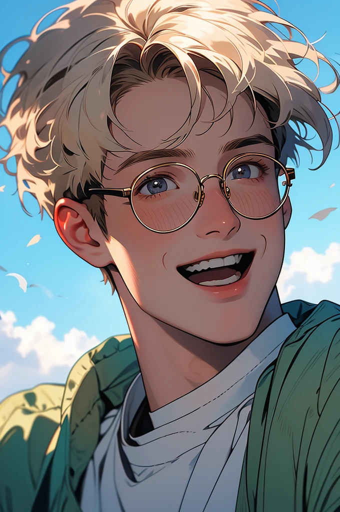 [32k, 8k, very detailed image, masterpiece], young man, naturally handsome, 23 years old, medium-length blond hair, light brown eyes, large round glasses, [looking fixedly at the viewer], shaved beard, adventurous colored clothing olive, guild background, [[naive expression]], laughter 1.5