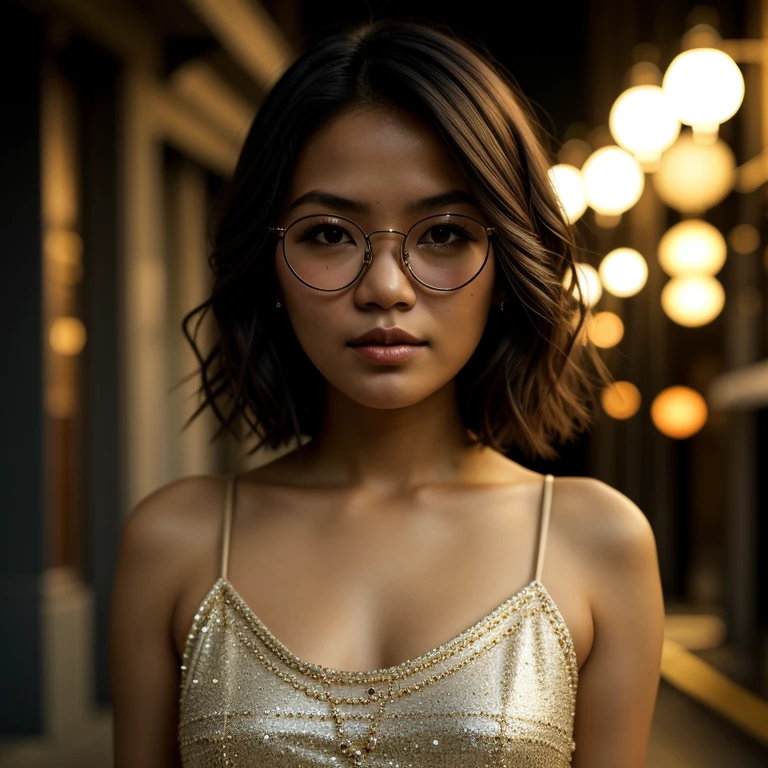 adult, filipina, short hair, wavy hair, circle glasses, in the dark