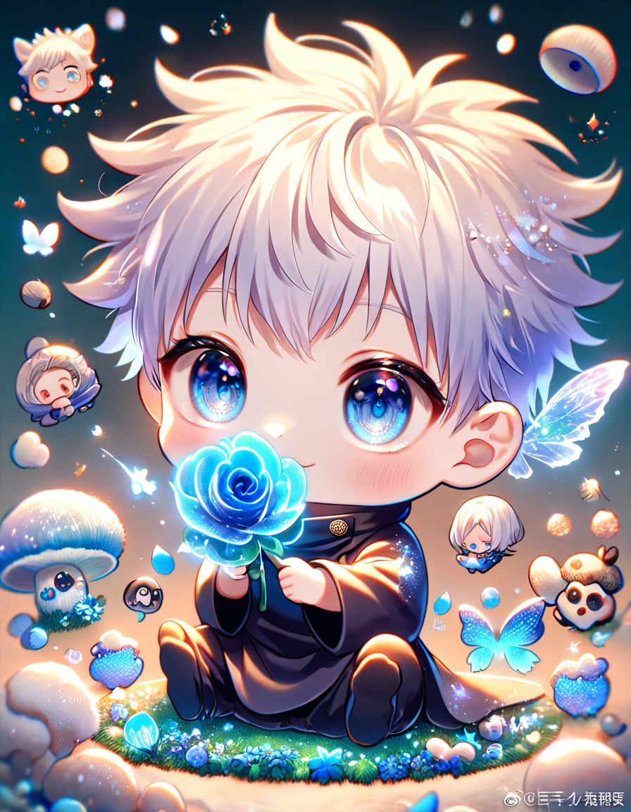 absurdres, highres, ultra detailed, HDR, master piece, best quality, extremely detailed, Gojou Satoru chibi, white hair, expressive blue eyes, white eyelashes, Jujutsu Kaisen, cute blue mushroom with face, cute, small, solo, magical, fantasy, magic, blue forest, glittering, blue butterflies, blue petals, blue flowers