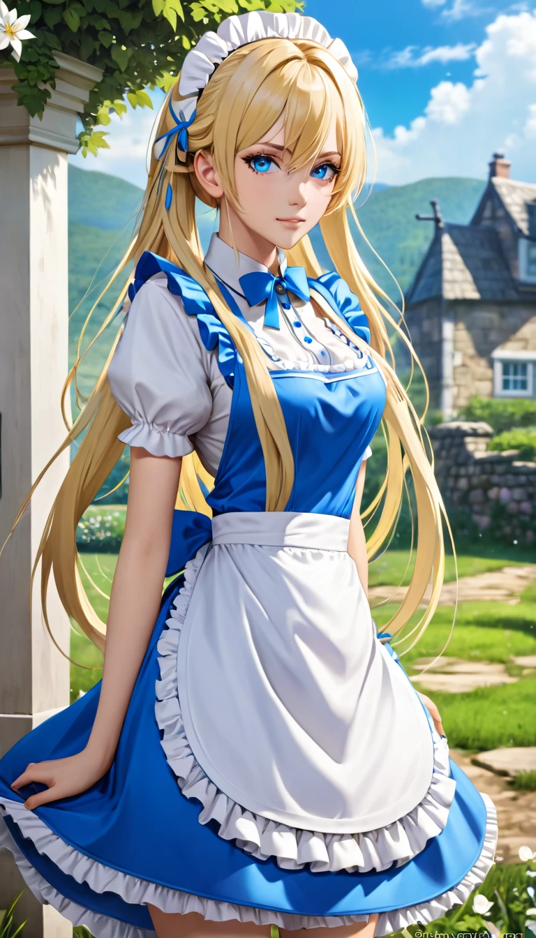 ((masterpiece)), ((best quality)), ((highres)), ((detailed background)), ((extremely detailed CG unity 8k wallpaper)), solo, shiona, blonde hair, long hair, blue eyes, hair tuft, cowboy shot, outdoors, ((maid outfit))