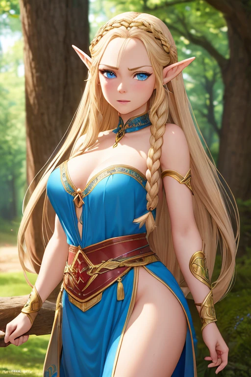 a beautiful elf princess with long braided blonde hair, elf ears, beautiful detailed blue eyes, beautiful detailed thin lips, round face, medium breasts, wearing a red tunic, angry look, arms tied to a trunk, (best quality,4k,8k,highres,masterpiece:1.2),ultra-detailed,(realistic,photorealistic,photo-realistic:1.37),fantasy,concept art,dramatic lighting,vivid colors,cinematic