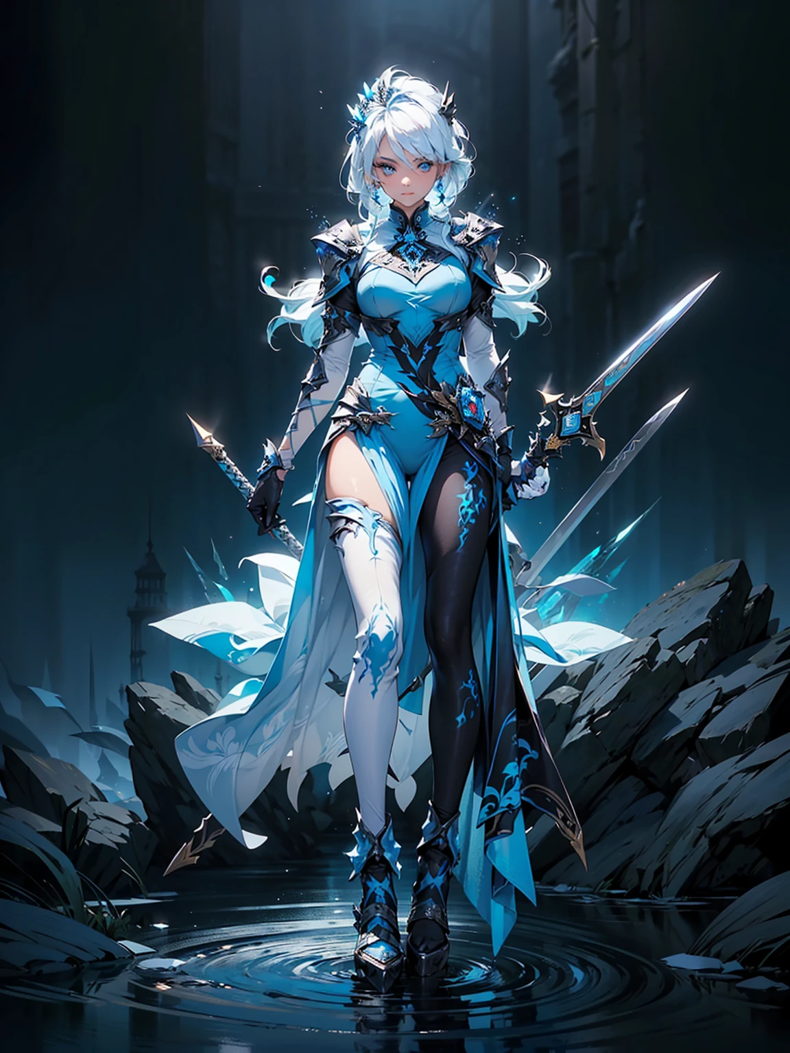 (((masterpiece, best quality, high detailed, 8k))) Design a layout showcase Gaming character, (1girl). Blue|White clothes, stylish and unique. ((showcase weapon:1.4)), ice spear. (masterpiece:1.2), (best quality), 4k, ultra-detailed. (Step by step design, layout art:1.5), (luminous lighting, atmospheric lighting). ice queen, ((glove full hands)), (((revealing clothes:1.3))), vambraces, armored legwear, (((full_body_shot:1.4))). {On a frozen lake}.